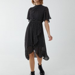 Blouson Wrap Skirt Ruffle Midi Dress