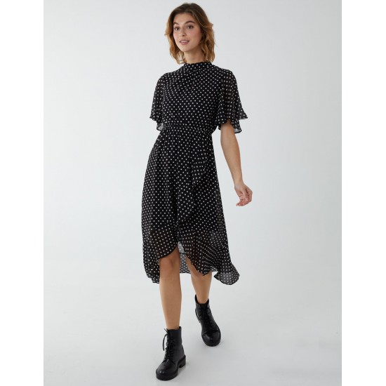 Blouson Wrap Skirt Ruffle Midi Dress