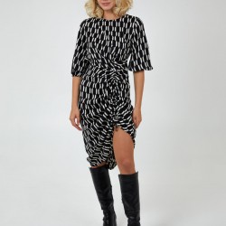 Mono Geometric Print Ruched Hem Dress