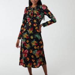 Floral Twist Panel Fit And Flare Midi Dress