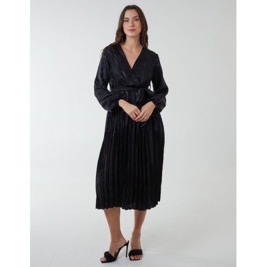 Jacquard Wrap Front Belted Pleated Midi Dress