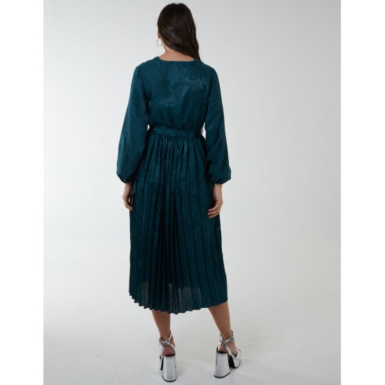 Jacquard Wrap Front Belted Pleated Midi Dress