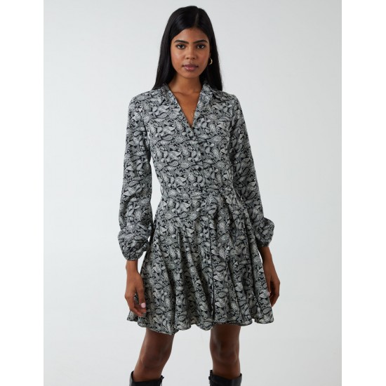 Shirt Mini Dress With Godet Hem & Tie