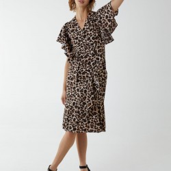 Leopard Print Wrap Ruffle Midi Dress