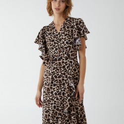 Leopard Print Wrap Ruffle Midi Dress