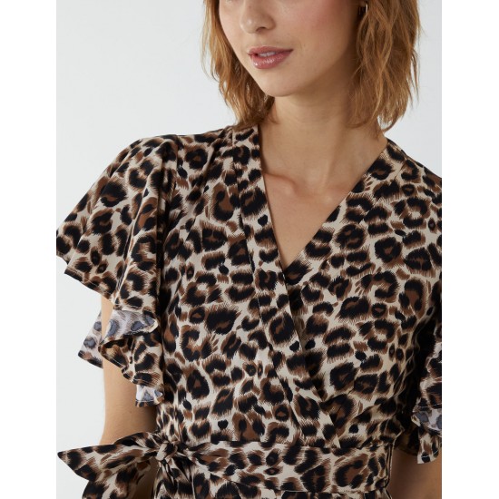 Leopard Print Wrap Ruffle Midi Dress