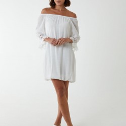 Bardot Tunic Dress With Crochet Lace Sleeves