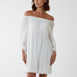 Bardot Tunic Dress With Crochet Lace Sleeves