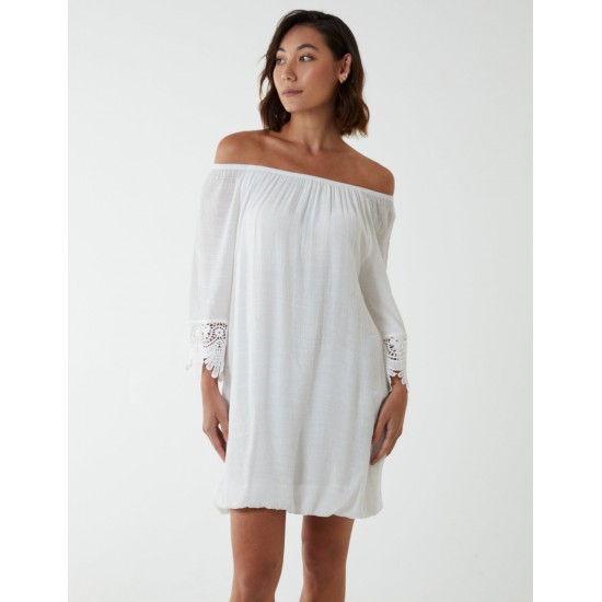 Bardot Tunic Dress With Crochet Lace Sleeves