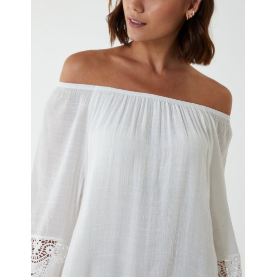 Bardot Tunic Dress With Crochet Lace Sleeves