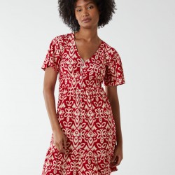 V Neck Shirred Mini Tea Dress With Split