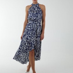 Abstract Print Halter Neck Midi Wrap Dress