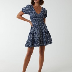 Shirred Bust Mini Dress With Puff Sleeve