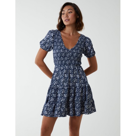 Shirred Bust Mini Dress With Puff Sleeve