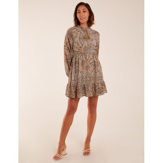 Button Through Tassel Peasant Mini Dress