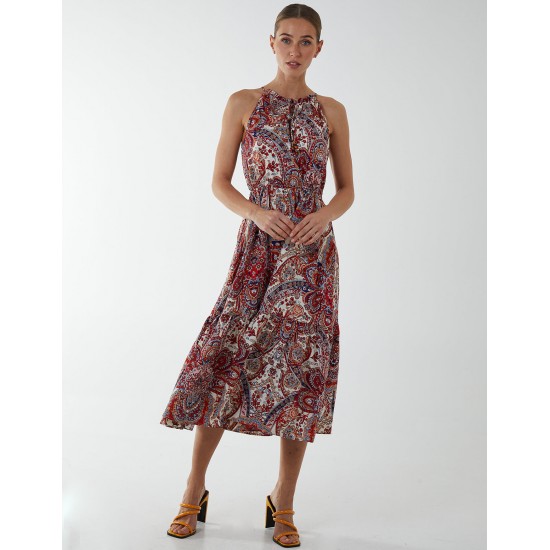 Paisley Halter Neck Keyhole Midi Dress