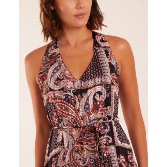 V Front Sleeveless Paisley Midi Dress With Detailed Straps