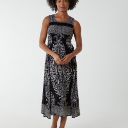 Shirred Print Midi Dress