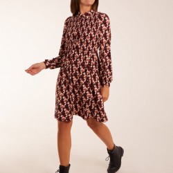 Geometric Print Shirred Bust Long Sleeve Shirt Dress