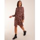 Geometric Print Shirred Bust Long Sleeve Shirt Dress