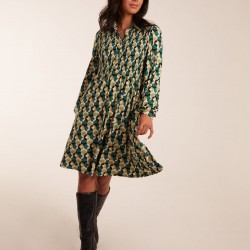 Geometric Print Shirred Bust Long Sleeve Shirt Dress