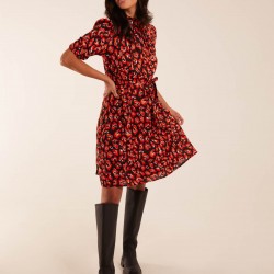 High Neck Animal Print Belted Dress