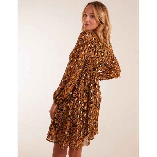 Shirred Waist Leopard Foil Wrap Front Mini Dress