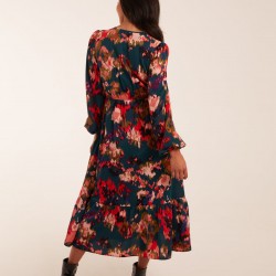 Floral V Neck Button Down Frill Hem Dress