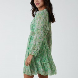 Sheared Waist Tiered Crossover Chiffon Print Dress