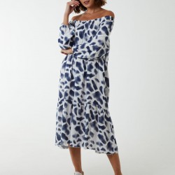 Square Smock Bardot Tiered Midi Dress