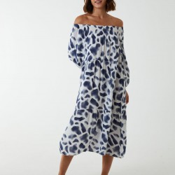 Square Smock Bardot Tiered Midi Dress