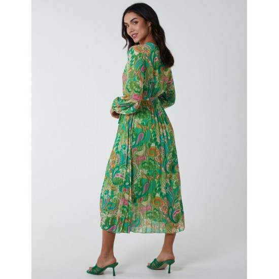 Paisley Wrap Pleated Dress