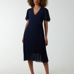 Wrap Tie Pleated Crossover Dress