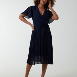 Wrap Tie Pleated Crossover Dress