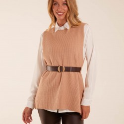 Rib Knit Vest With Blouse With Belt