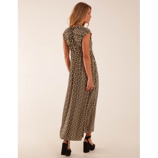 Geometric Print Double V-Neck Sleeveless Maxi Dress