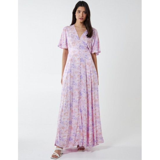 Button Through Angel Sleeve Maxi Dress