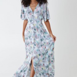 Tropical Leaf Button Through Maxi Dress