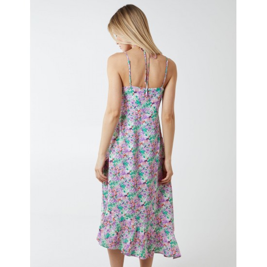 Twist Front Floral Print Midi Dress