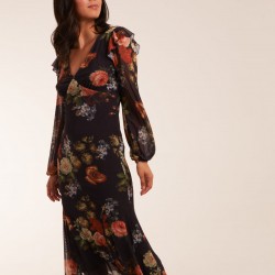 Godet Hem Frill Floral Cut Out Back Dress