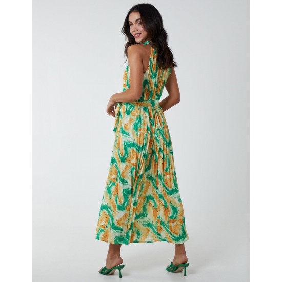 Halterneck Abstract Leaves Maxi Dress