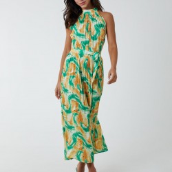 Halterneck Abstract Leaves Maxi Dress