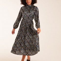 Abstract Animal Print High Neck Blouson Midi Dress