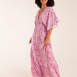 Elasticated Waist Tier Hem Angel Sleeve Maxi Dress