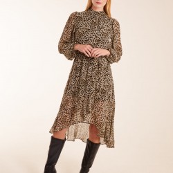 Leopard Print High Neck Wrap Frill Hem Midi Dress