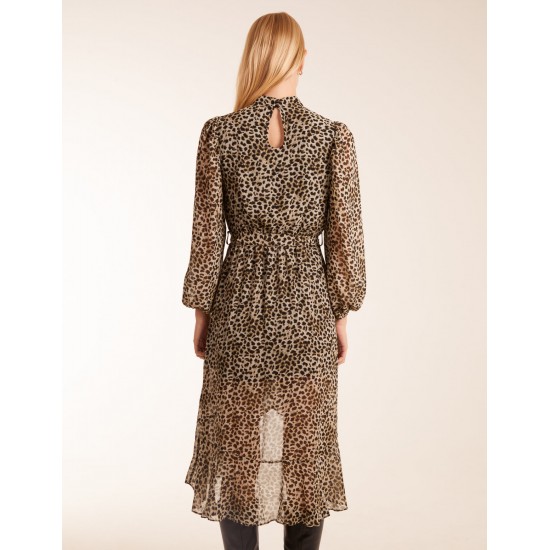 Leopard Print High Neck Wrap Frill Hem Midi Dress