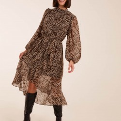 Leopard Print High Neck Wrap Frill Hem Midi Dress