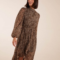 Leopard Print High Neck Wrap Frill Hem Midi Dress