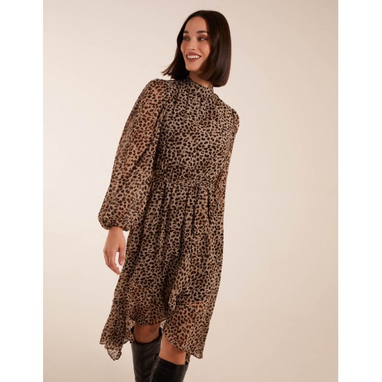 Leopard Print High Neck Wrap Frill Hem Midi Dress