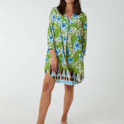 Floral Border Print V Neck Tunic Dress